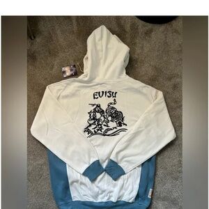 Evisu Cream Hoodie with Blue Trim and Black Back Graphic